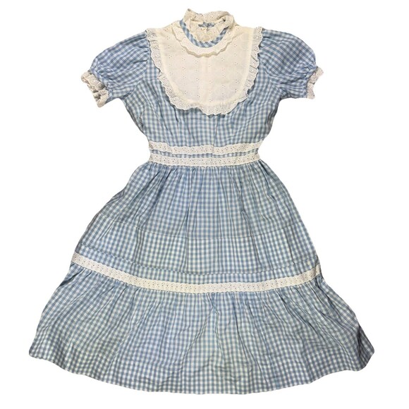 Vintage Cottagecore Dress Womens Small Gingham Prairie Costume Lace Bow 80s - Picture 1 of 16